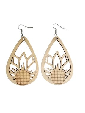 (4)Wooden Teardrop Sunflower Earrings - Natural
